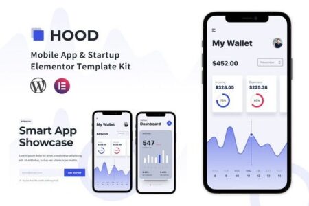 Hood Mobile App & Startup Elementor Template Kit for WordPress