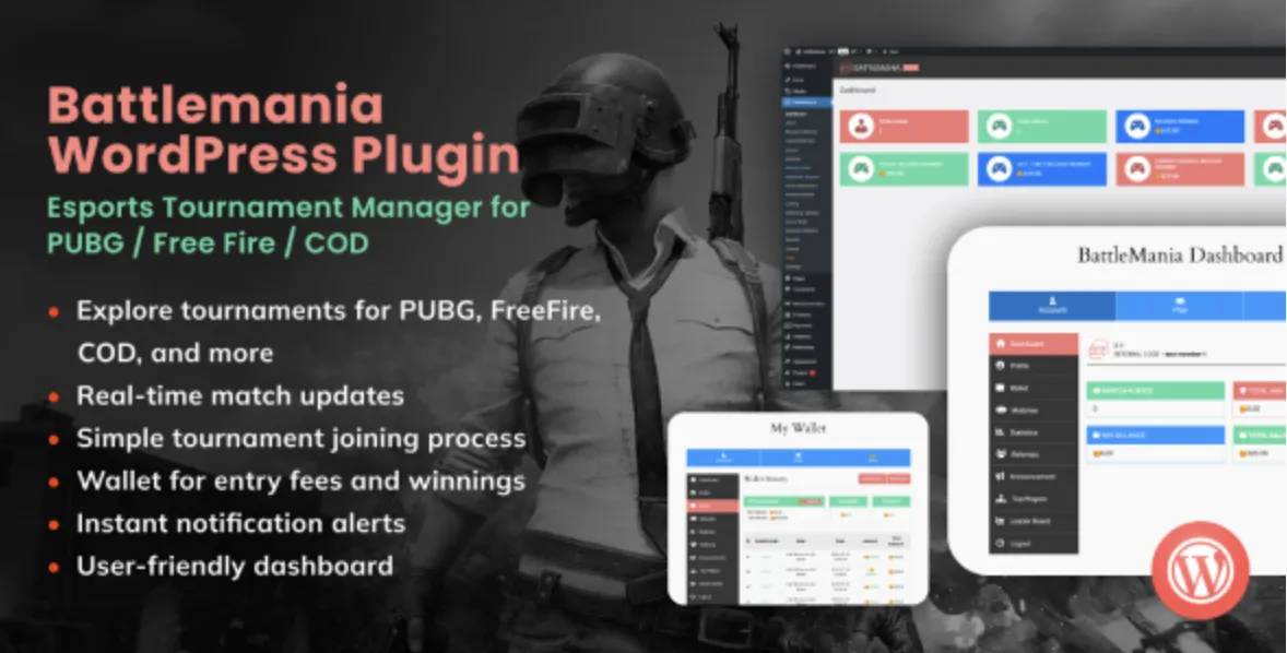 BattleMania WordPress Plugin - Esports Tournament Manager for PUBG / Free Fire / COD 1 Battle Mania WordPress Plugin