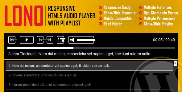 Lono - Responsive HTML5 Audio Player With Playlist WordPress Plugin 1 Lono Responsive HTML5 Audio Player With Playlist WordPress Plugin