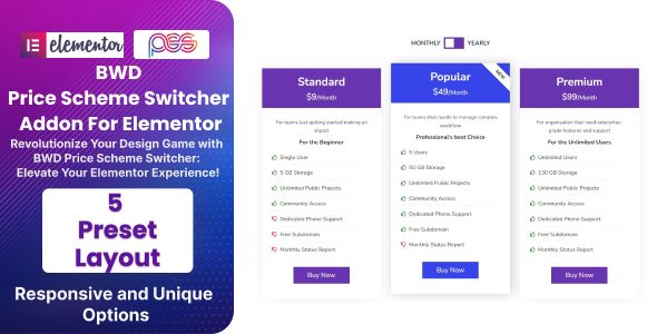 Pricing Table - Switcher Addon For Elementor 1 Pricing Table Switcher for Elementor WordPress Plugin