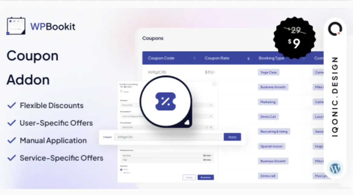 WPBookit - Coupons (Addon) 1 WPBookit Coupons Addon for WordPress Plugin